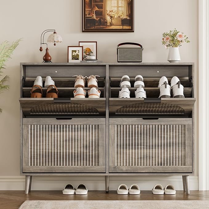 Shoe Cabinet for Entryway with 4 Flip Drawers, Slim Wooden Shoe Storage Organizer with Modern Fluted Pannel，Freestanding Narrow Hidden Shoe Rack for Hallway, Foyer, Living Room