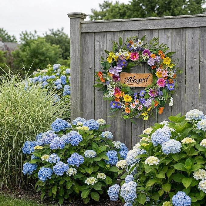 22 Inch Spring Summer Wildflower Wreath for Front Door, Colorful Floral Welcome Wreath with Blessed Sign Daisies Peonies for Wall Door and Porch Farmhouse Home Decor