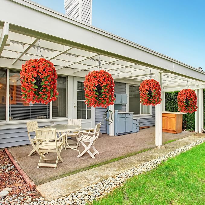HyeFlora Artificial Fake Hanging Flowers Plants for Outdoor Outside Spring Decor, 2PCS Faux Silk Orange Morning Glory Trailing Vines UV Resistant Look Real for Home Planter Porch Patio