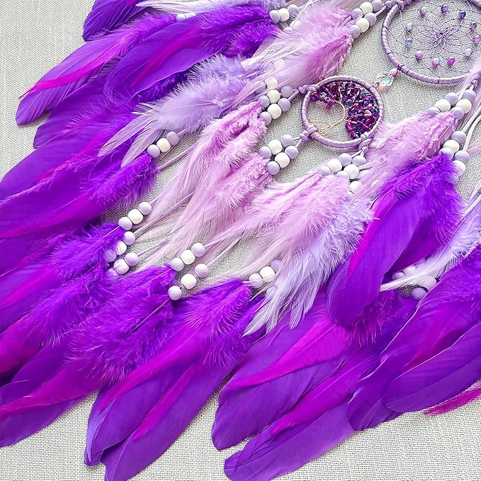 Large Dream Catchers, Handmade Woven Moon Healing Crystal Stone Dream Catcher Wall Hanging Ornament for Bedroom Living Room Wedding Party Decor, Festival Blessing Craft Gift (Purple Moon)