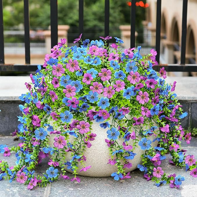 Artificial Flowers for Outdoors Home Decor, 2 Packs Faux Daisy Silk Flower Realistic Fake Plants for Front Porch Courtyard Outside Hanging Floral Spring Summer Fake Planter Decoration (Purple Blue)