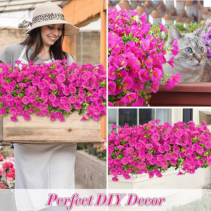 Waipfaru Artificial Flowers for Outdoors, 24 Bundles Faux Plants Outdoor, UV Resistant Artificial Plants Outdoor, Silk Petunias Fake Flowers for Outside Home Decor Planter Porch Decoration, Rose Red