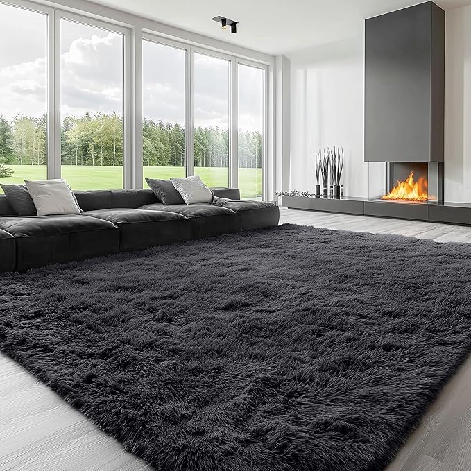 OLANLY 8x12 Machine Washable Large Area Rugs for Living Room, Bedroom, Soft Fluffy Shaggy Bedside Rug, Indoor Floor Carpet for Kids Girls and Boys, Dorms, Nursery, Home Decor Aesthetic, Black