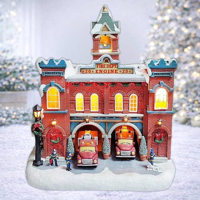 MOMENTS IN TIME Vintage Fire Department Christmas Village 12.2” LED Lights, Music & Moving Fire Trucks, Polyresin Lighted Holiday Building, Adapter Operated Holiday Decoration
