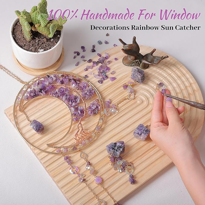 Dream Catchers Tree of Life Dream Catcher Amethyst Crystal Dreamcatcher Wall Decor with Healing Crystal Stone & Fluorite Wall Art Hanging for Bedroom Home Decor Bless Gift Wedding Garden-Purple