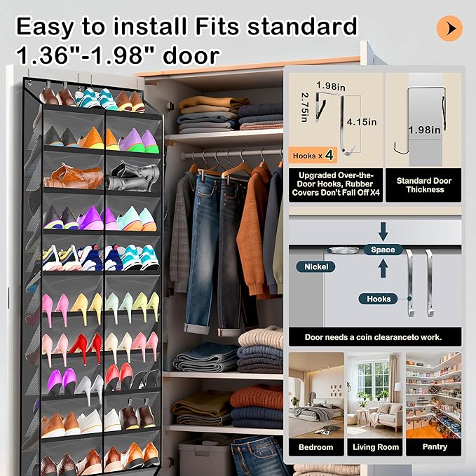 10-Tier Over the Door Shoe Organizer, 20 Pockets Holds 20-30 Pairs, Heavy-Duty Oxford Fabric with Hexagon Mesh for Boots & Sneakers-Dark Gray