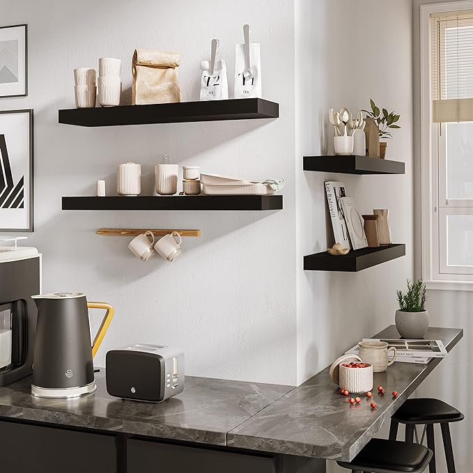 BAMEOS Floating Wall Shelves 24 x 6 Inch – Easy-Install Hanging Shelves with Hardware Included | Modern Decor Shelf for Bathroom, Bedroom & Living Room Storage, Set of 2, Black