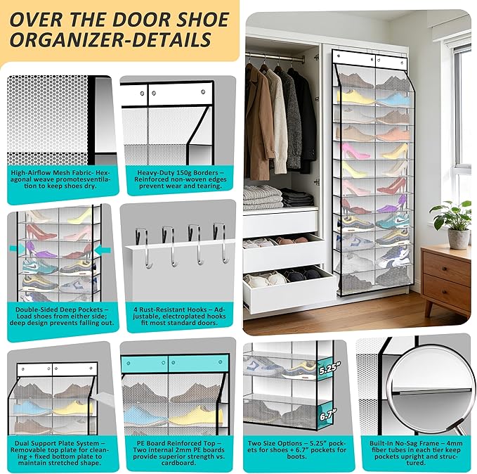 24-Pair Over Door Shoe Organizer for Family & Kids, Double Sided | Hanging Storage for Sneakers, Boots, Toys & Room Organization-Pearl White