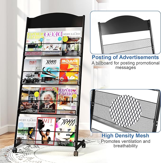 Brochure Display Stand 4 Layer Floor-Standing Magazine Rack Literature Newspaper Catalog Display Holder with Wheels and Top Billboard for Exhibitions,School, Hotel, Hospitals, Offices (Black)
