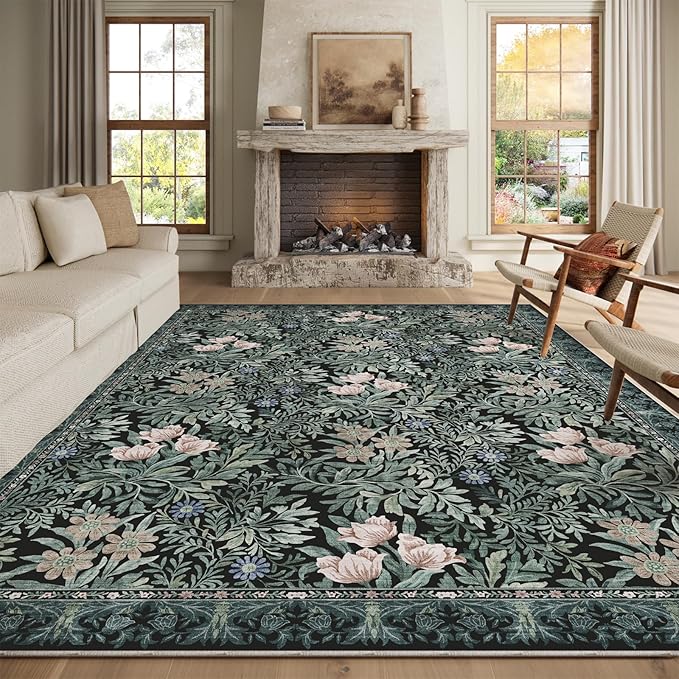 Washable Area Rugs 8x10 Black Green Vintage Floral Botanical Pattern,Perfect for Living Room, Bedroom, Kids Room, Nursery - Stain & Water Resistant Non-Slip, Pet & Child Friendly/Bedroom Decor