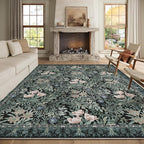 Washable Area Rugs 8x10 Black Green Vintage Floral Botanical Pattern,Perfect for Living Room, Bedroom, Kids Room, Nursery - Stain & Water Resistant Non-Slip, Pet & Child Friendly/Bedroom Decor