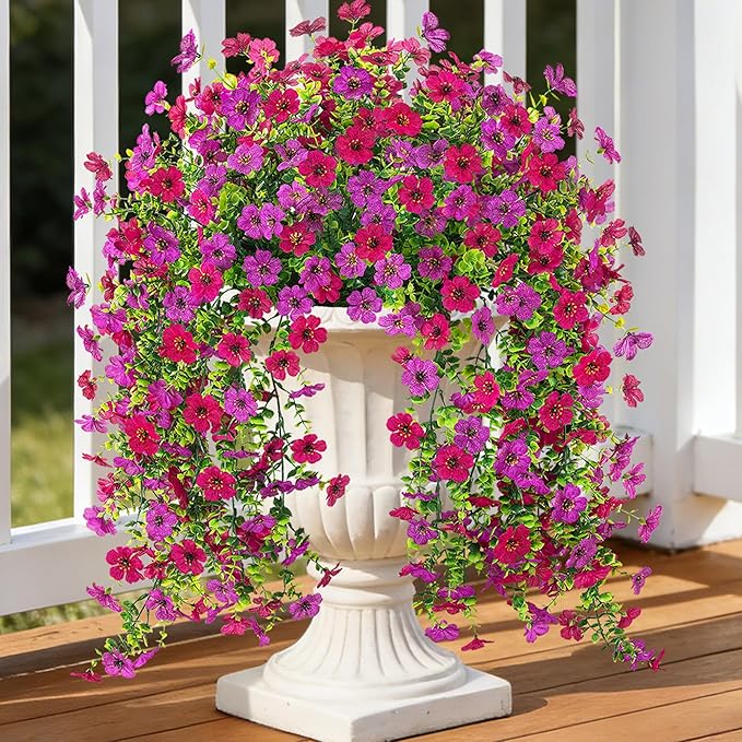 2Pcs Fake Hanging Flowers for Outdoor Decoration Artificial Hanging Flowers Realistic Daisy Plants UV Resistant, Faux Silk Flower for Porch Patio Window Box Outside Decor(Fuchsia Purple)