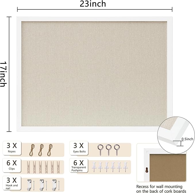 DAHAPYBOO Cork Board with Linen White,Bulletin Board 23"x17" Hanging Corkboards for Office Home School Message Board or Vision Board Decoration.