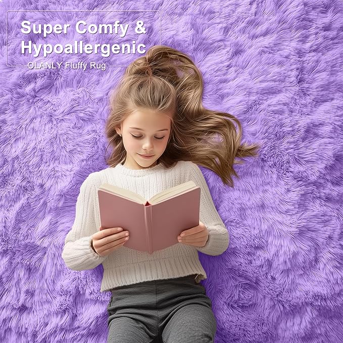 OLANLY 3x5 Machine Washable Small Bedside Rug, Soft Fluffy Shaggy Rugs for Living Room, Bedroom, Indoor Floor Carpet for Kids Girls and Boys, Preppy Dorms, Nursery, Home Decor Aesthetic, Purple