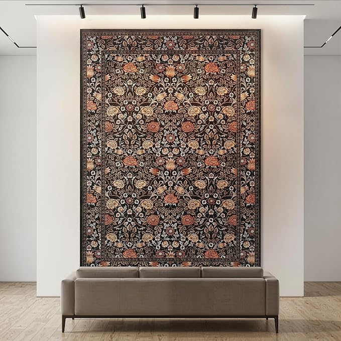 GarveeHome Brown Vintage Floral Washable 6x9 Area Rugs for Living Room Black Boho Botanical Retro Rug Low Pile Non Slip Carpet for Bedroom Nursery Dining Room