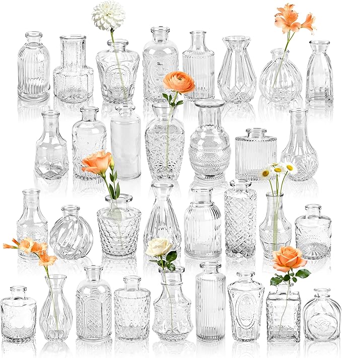 Der Rose Glass Bud Vases Set of 32 Small Clear Flower Vases for Rustic Wedding Centerpieces Table Decorations and Home Office Decor(Clear)