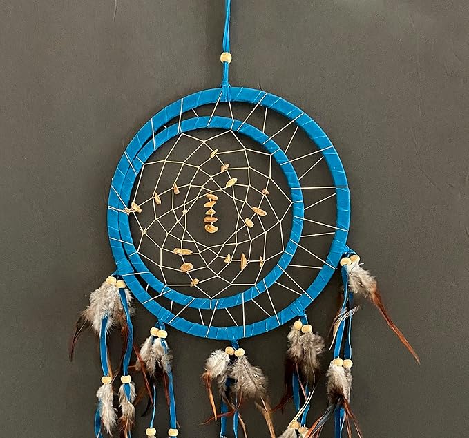 OMA Dream Catcher Wall Hanging, Turquoise Blue Suede Dream Catcher with Tiger Eye Stone and Feathers, Traditional Dreamcatcher Boho Home Decor, Double Ring- Large Size - 28" Long x 9" Diameter
