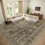 Washable 9x12 Area Rugs for Living Room, Boho Non-Slip Vintage Distress Lager Rugs for Bedroom Dining Room Nursery Office, 0.3" Neutral Oriental Throw Thin Carpet, Tan/Flaxen/Multi