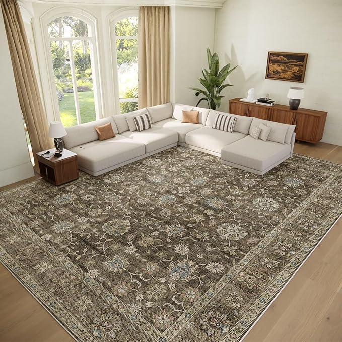 Washable 9x12 Area Rugs for Living Room, Boho Non-Slip Vintage Distress Lager Rugs for Bedroom Dining Room Nursery Office, 0.3" Neutral Oriental Throw Thin Carpet, Tan/Flaxen/Multi