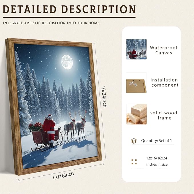 Framed Christmas Wall Decor, Santa Claus Delivering Christmas Gifts Canvas Prints Winter Holidays Pine Trees Wall Art Night Sky Reindeer Snow Scene Artwork for Living Room – 16x24in