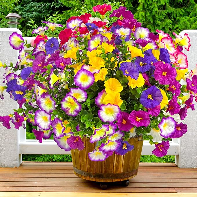 Artificial Faux Flowers for Outdoors, 12 Bundles Artificial Plants Outdoor UV Resistant, Fake Morning Glory Silk Flowers for Outside Planter Porch Patio Yard
