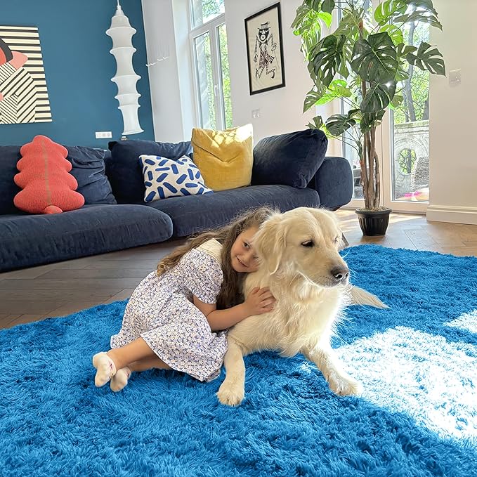 OLANLY 2x8 Machine Washable Runner Rugs for Hallway, Soft Fluffy Shaggy Bedside Rugs for Bedroom, Living Room, Indoor Floor Carpet for Kids Girls and Boys, Home Decor Aesthetic, Bright Blue