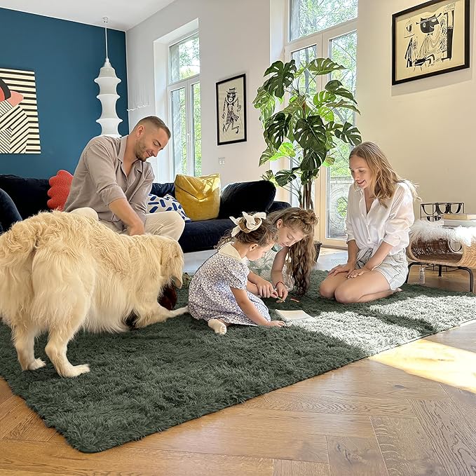 OLANLY 2x3 Machine Washable Small Bedside Rug, Soft Fluffy Shaggy Entryway Throw Rugs for Bedroom, Living Room, Indoor Floor Carpet for Kids Girls and Boys, Home Decor Aesthetic, Olive Green
