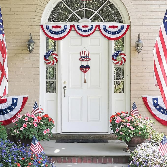 Valery Madelyn 4th of July Wreath, Patriotic Wreath for Front Door, Red White and Blue Top Hat and Heart Wall Signs for Memorial Day Independence Day USA 250th Anniversary, 22 inch