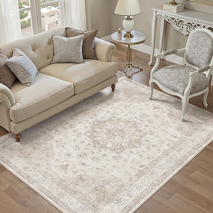 Beige Area Rug 5x7 Washable Vintage Carpet for Living Room Office Soft Retro Low Pile Thin Indoor Rug Non Slip Oriental Medallion Floor Cover for Bedroom Dining Room