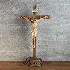 BC Catholic Crucifix Standing Cross, 15" H Jesus Christ Tabletop Home Decor, Religious Gift, Wood Carve Look, Realistic Color Finish, Renaissance Sculpture Hand Painted by Buildclassic