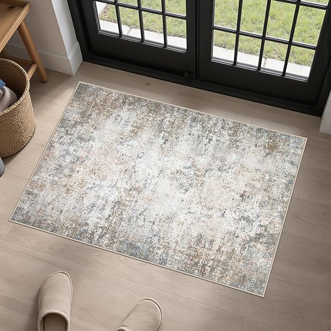 Washable Area Rug 2x3 Entryway Rug: Washable Modern Abstract Soft Thin Rug Indoor Floor No Slip Stain Resistant Carpet for Bedroom Dining Room Farmhouse Nursery Home Office - Brown Grey