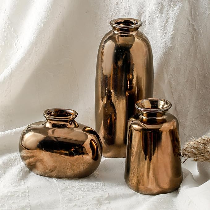 Ceramic Vase Set of 3,Small Modern Farmhouse Pottery Vases, Neutral Rustic Vases for Pampas Grass, Dried & Fresh Flowers - Ideal for Bedroom, Living Room, Bookshelf, Mantel, Centerpiece Table Decor