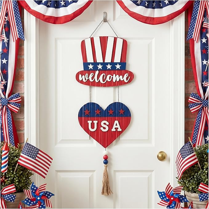 Valery Madelyn 4th of July Wreath, Patriotic Wreath for Front Door, Red White and Blue Top Hat and Heart Wall Signs for Memorial Day Independence Day USA 250th Anniversary, 22 inch