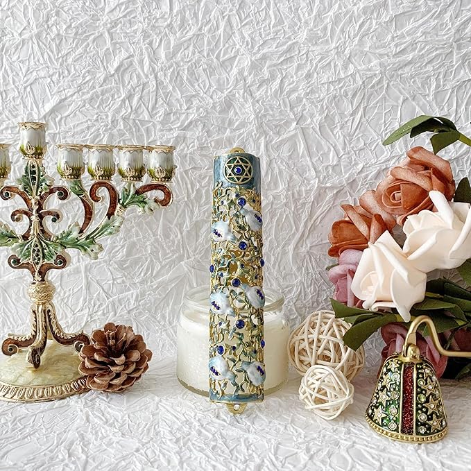 Hand Painted Mezuzah, Exquisite Enamel Mezuzah with Star of David and Blue Crystal Accent