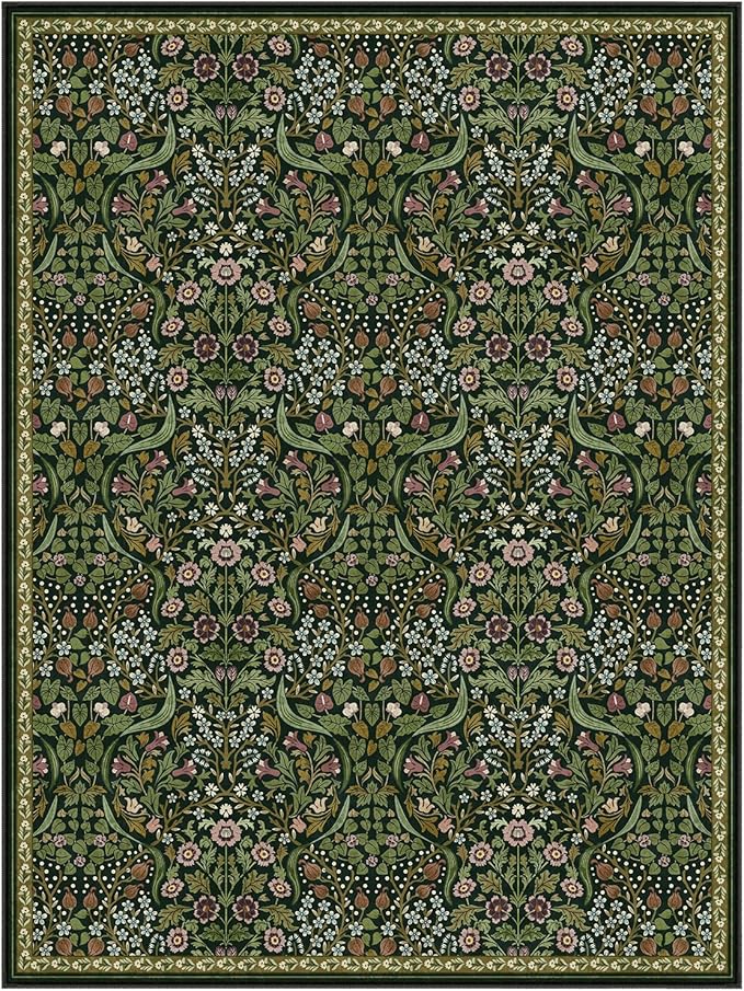 Moynesa Floral 9x12 Area Rug, Green Washable Living Room Rug, Boho Large Dining Room Rug, Non Slip Ultra Thin Botanical Soft Floor Carpet for Bedroom Home Office Farmhouse, Green