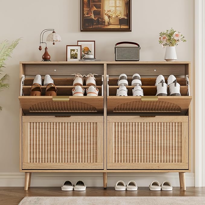 Shoe Cabinet for Entryway with 4 Flip Drawers, Slim Wooden Shoe Storage Organizer with Modern Fluted Pannel，Freestanding Narrow Hidden Shoe Rack for Hallway, Foyer, Living Room
