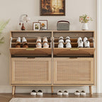 Shoe Cabinet for Entryway with 4 Flip Drawers, Slim Wooden Shoe Storage Organizer with Modern Fluted Pannel，Freestanding Narrow Hidden Shoe Rack for Hallway, Foyer, Living Room