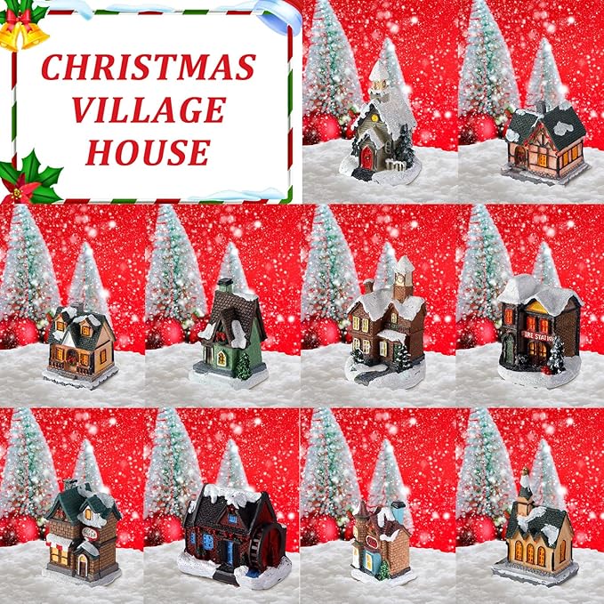 Shappy 48 Pcs Christmas Village Houses Town Buildings Accessories 10 Light up Christmas Village House 12 Mini Trees 12 LED Lights 2 Snow Blanket Box for DIY(Classical Style)