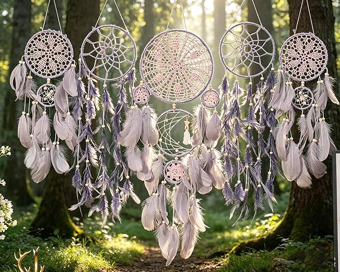 Set of 5 Boho, Hanging Large Boho Dream Catcher Wall Hanging Moon Dream Catcher Set Dream Catchers Wall Decor for Vintage Wedding Home Decorations (Flower Color)