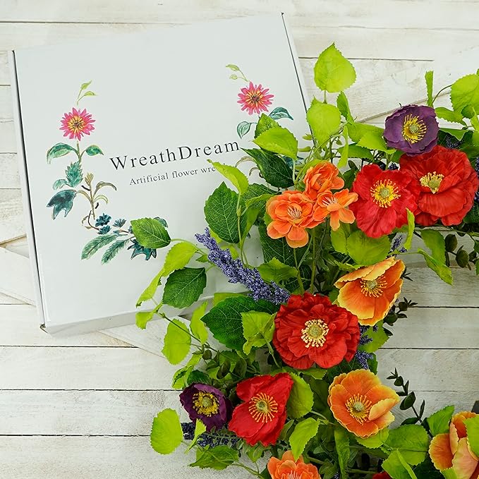 WreathDream 22 inch Artificial Spring Summer Wreaths for Front Door Poppy Wreath with Lavender Ear,Cherry Blossom,for Front Door Indoor Outdoor Home Farmhouse Decor