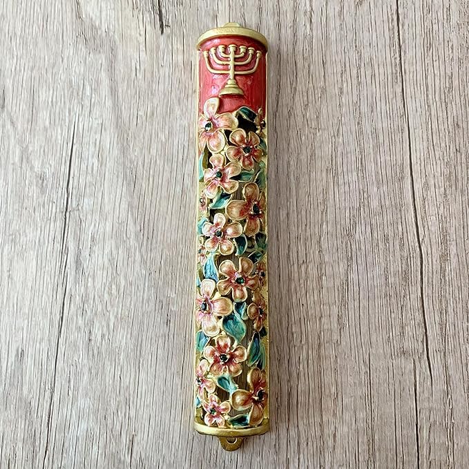 Hand Painted Mezuzah, Exquisite Enamel Mezuzah with Menorah and Pomegranate Motifs