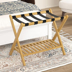 Luggage Racks Suitcase Stand Foldable With Storage Shelf For Guest Room Hotel Essentials Solid Bamboo Heavy-Duty Item Holder Natural