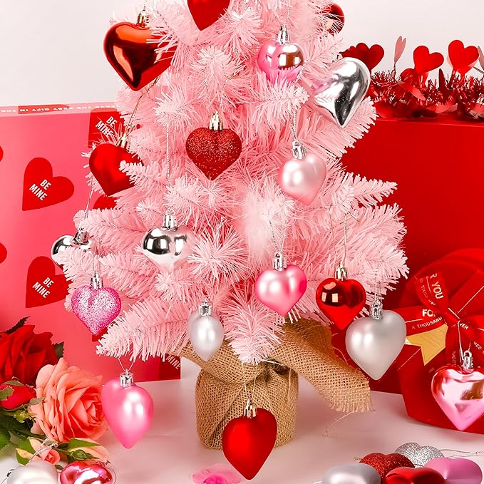 36PCS Heart Ornaments, 2 Sizes Shaped Hanging Ornaments in Red Pink Silver Colors, Glossy Baubles for Love Day Decor, Decorations for Wedding Party