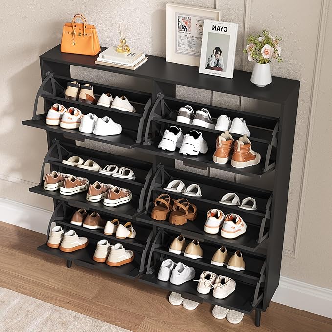 Shoe Cabinet for Entryway with 6 Flip Drawers, Slim Wooden Shoe Storage Organizer with Modern Fluted Pannel，Freestanding Narrow Hidden Shoe Rack for Hallway, Foyer, Living Room