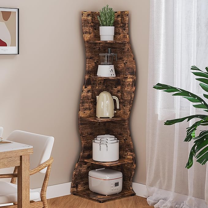 VECELO 2 Pcs Wavy Corner Shelf, Decorative 5-Tier Storage Bookshelf, 70.1” Tall Freestanding Display Bookcase for Small Spaces, Living Room or Bedroom, Rustic Brown