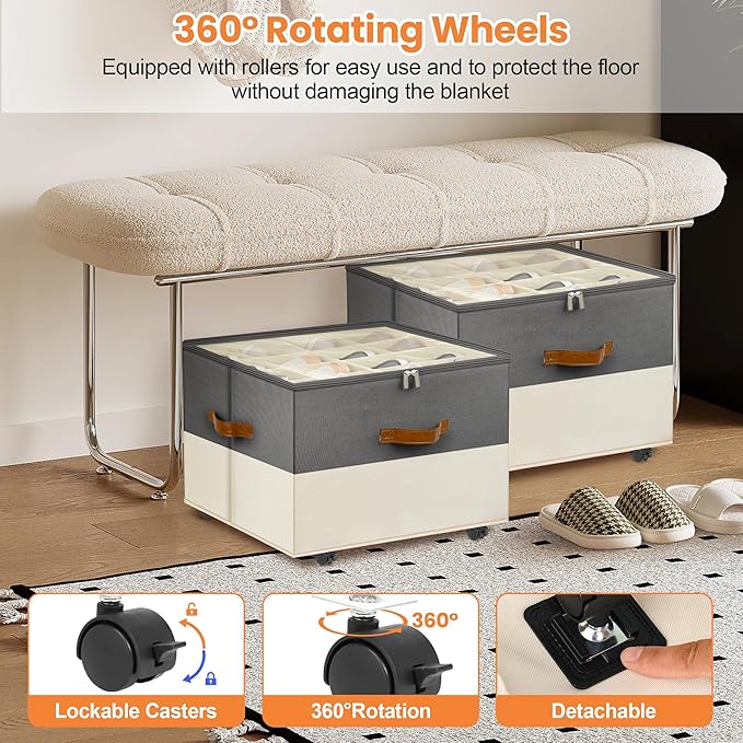 Shoe Organizer for Closet, 2 Pack Shoe Storage Organizer with Wheels and Adjustable Dividers, Stackable Shoe Storage Box with Clear Cover, Closet Shoe Organizer Fits up to 16-32 Pairs, Gray and Beige