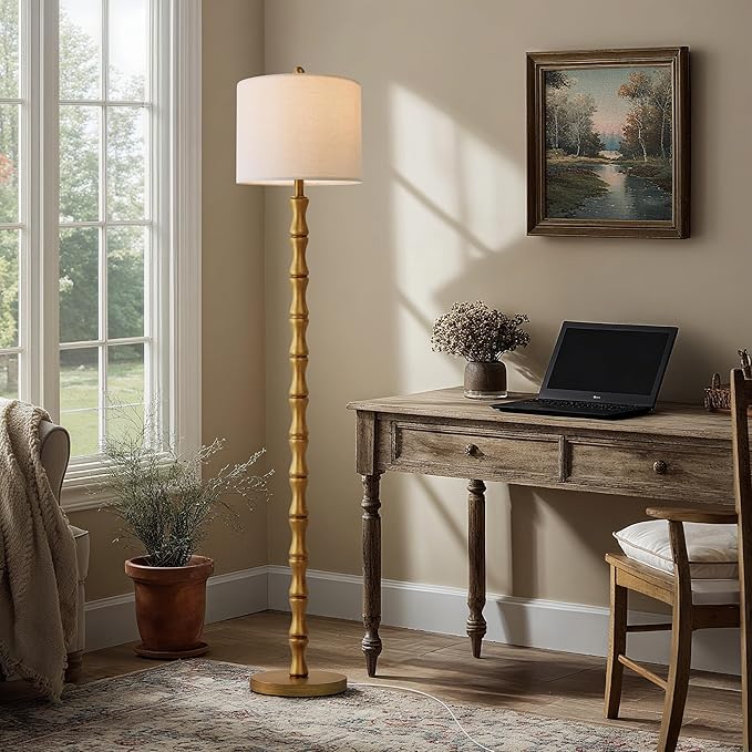 BOBOMOMO 62" Rustic Farmhouse Floor Lamp Antique Gold with Remote & Dimmable 9W Bulb, 3 Color Temperatures Resin Standing Lamp, Retro Tall Lamp for Living Room, Bedroom, Nursery, Office, Reading Nook