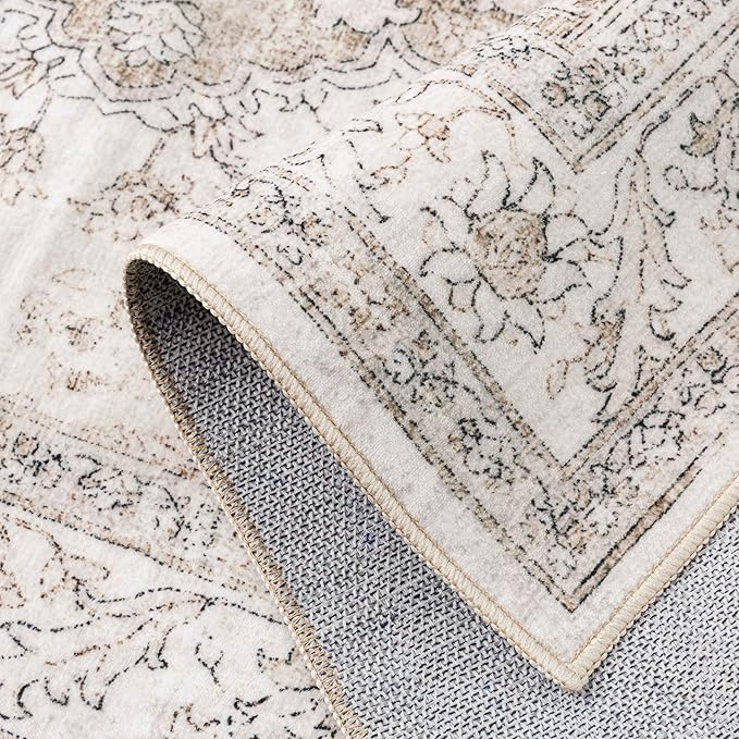 Beige Area Rug 2x4 Washable Vintage Carpet Entryway Kitchen Soft Retro Low Pile Thin Door Mat Non Slip Oriental Medallion Throw Small Rug for Bathroom Office Bedroom Dining Room