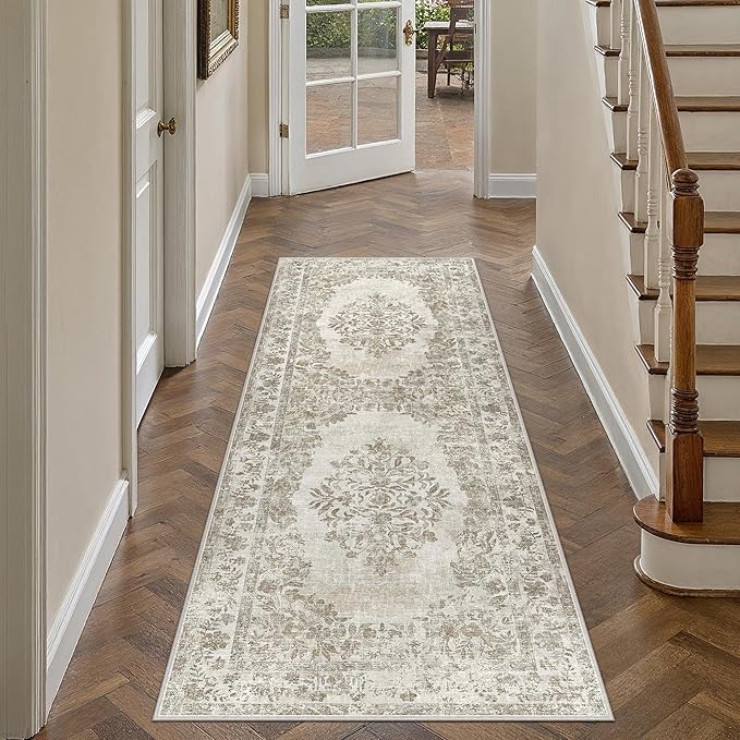 2x6 Runner Rug Beige Washable Hallway Kitchen Bedroom Vintage Distressed Bathroom Non Slip Medallion Floral Carpet Indoor Retro Throw Floor Mat for Office Dining Laundry Living Room