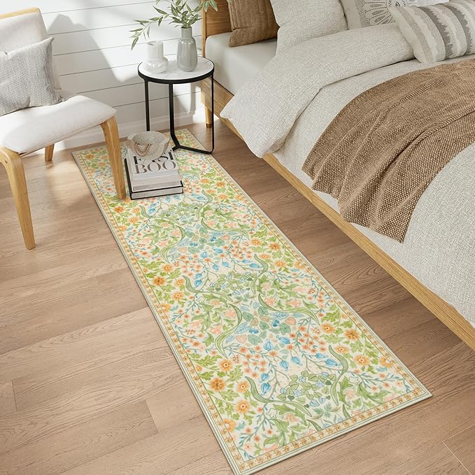 Moynesa Floral Hallway Runner Rug, Washable 2x6 Kitchen Rug Runner, Non Skid Boho Soft Bathroom Carpet Runner 6ft, Ultra Thin Botanical Throw Mat for Laundry Bedroom, Spring